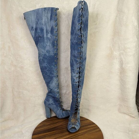 Club Exx Legacy Denim Blue Over the Knee Lace Up Heeled Boots US Size 7 - Picture 3 of 10